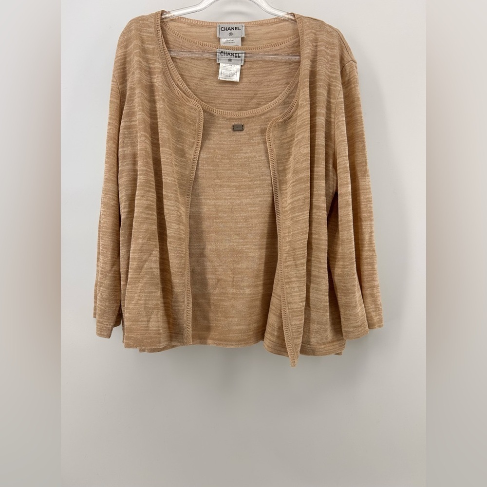 CHANEL Cardigan Twin Set 99P Beige Size 46 Tank Size 50 Cardigan Cotton